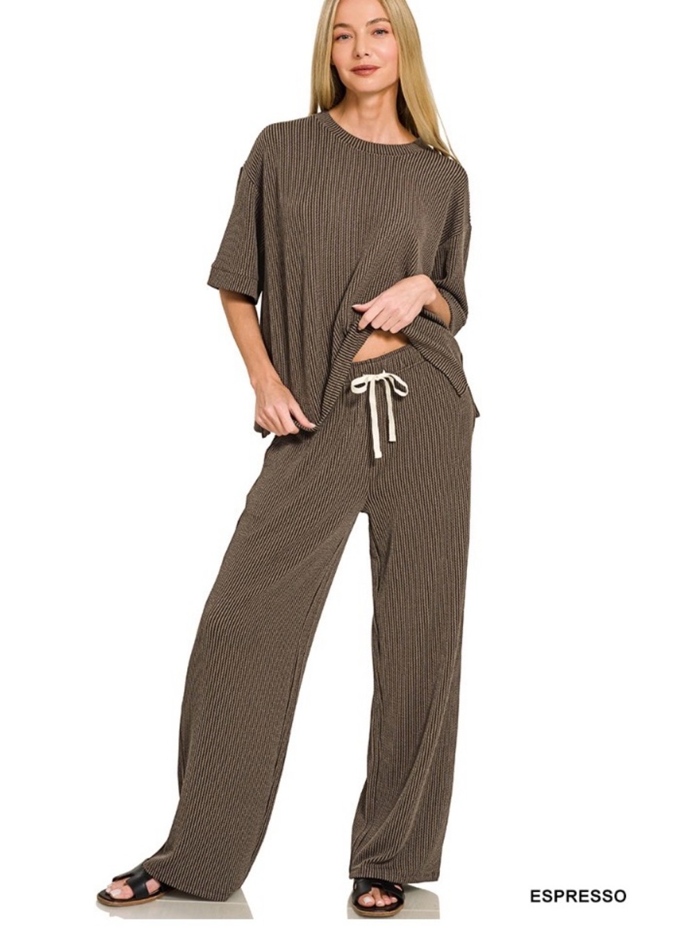 Zenana Outfitters Espresso Ribbed Straight-Leg Lounge Pants Set